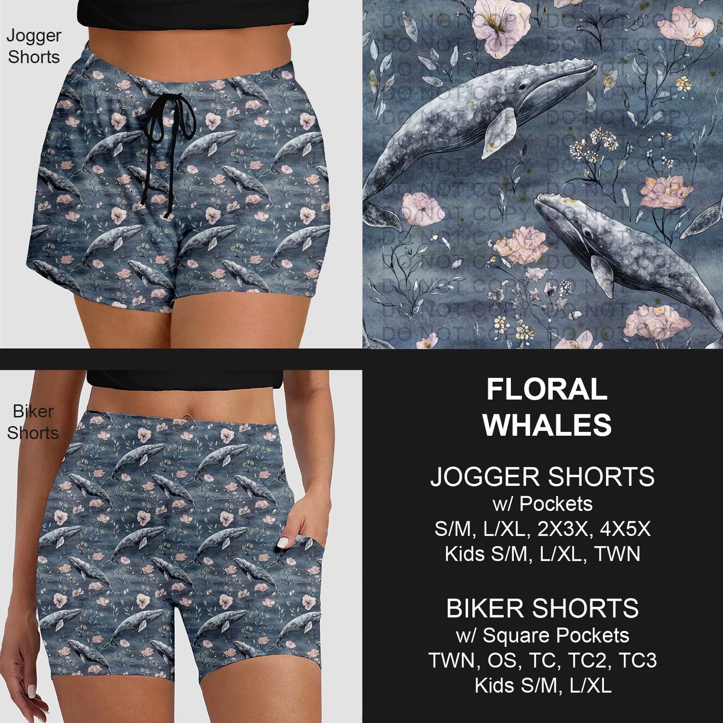 B281 - Preorder Floral Whales Jogger/Biker Shorts (Closes 3/25. ETA: early June)