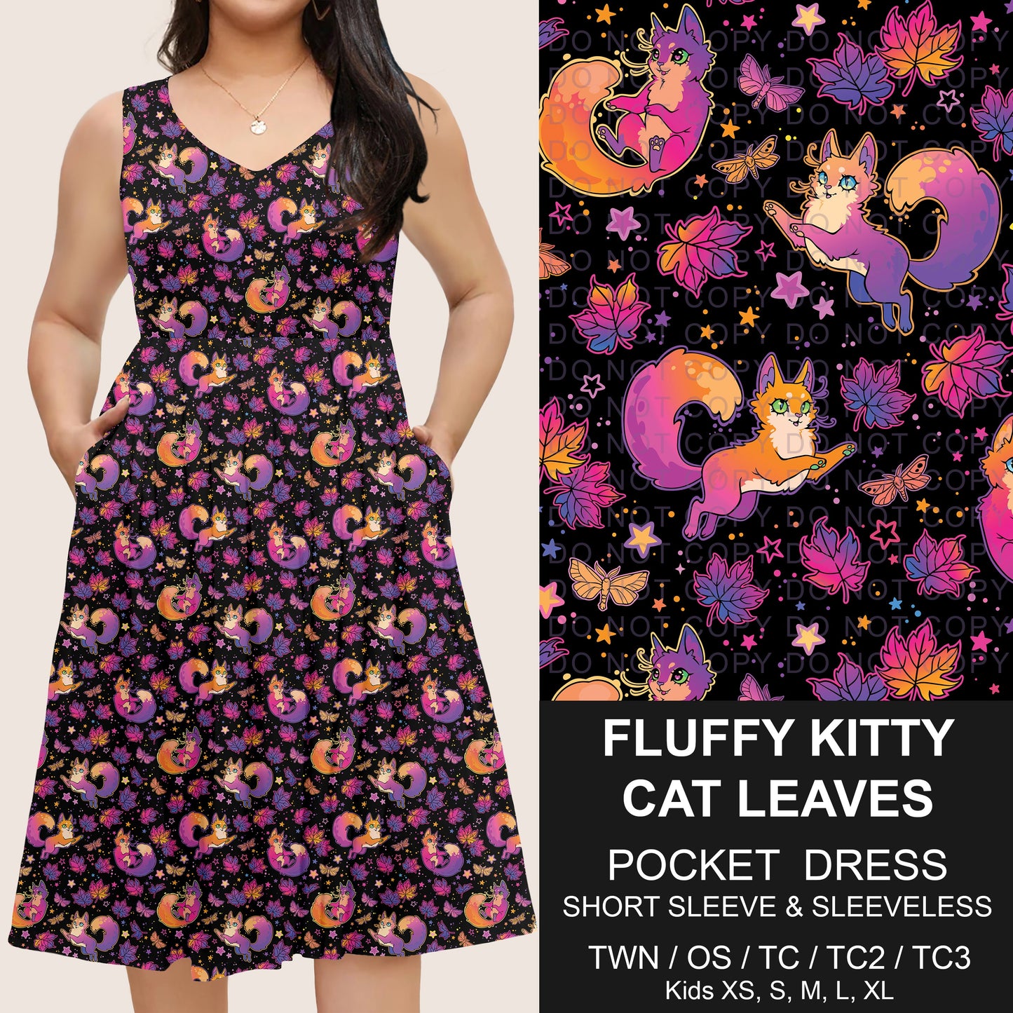 B302 - Preorder Fluffy Kitty Cat Leaves Pocket Dress (Closes 7/24. ETA: early Oct)