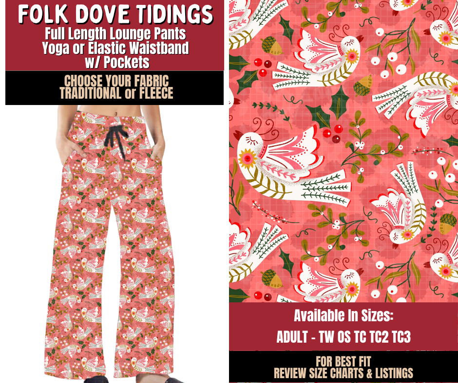 Preorder! Closes 9/7. ETA Dec. Folk Dove Tidings Lounge Pants Choose Fleece or Traditional