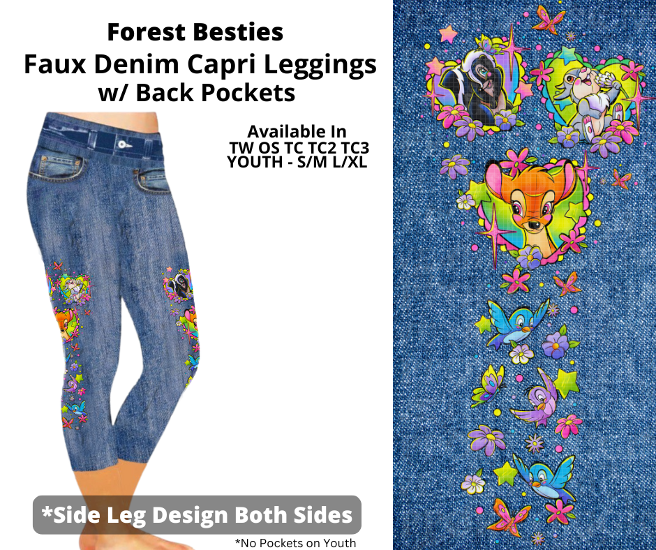 Preorder! Closes 3/19. ETA June. Forest Besties Capris Faux Denim w/ Side Leg Designs