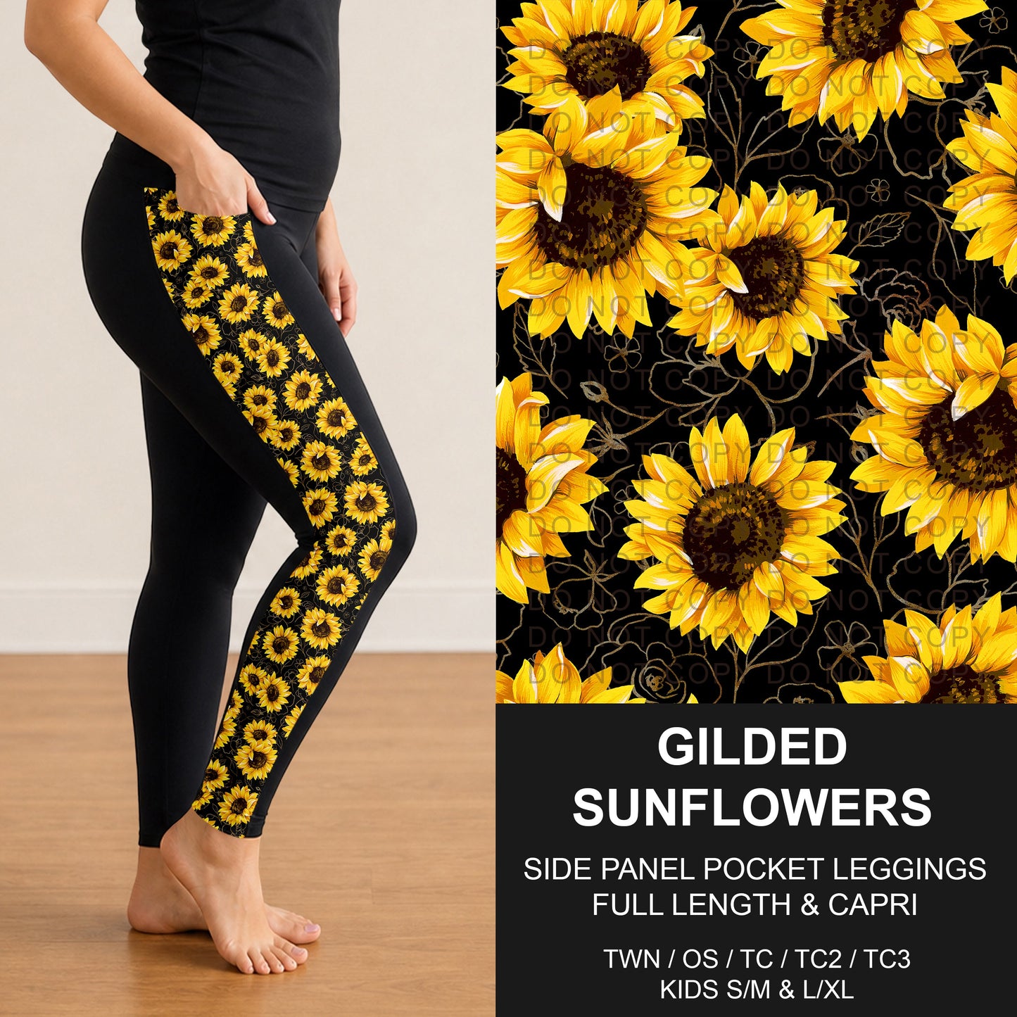 B300 - Preorder Gilded Sunflowers Side Panel Pocket Leggings (Closes 7/15. ETA: mid Sept.)