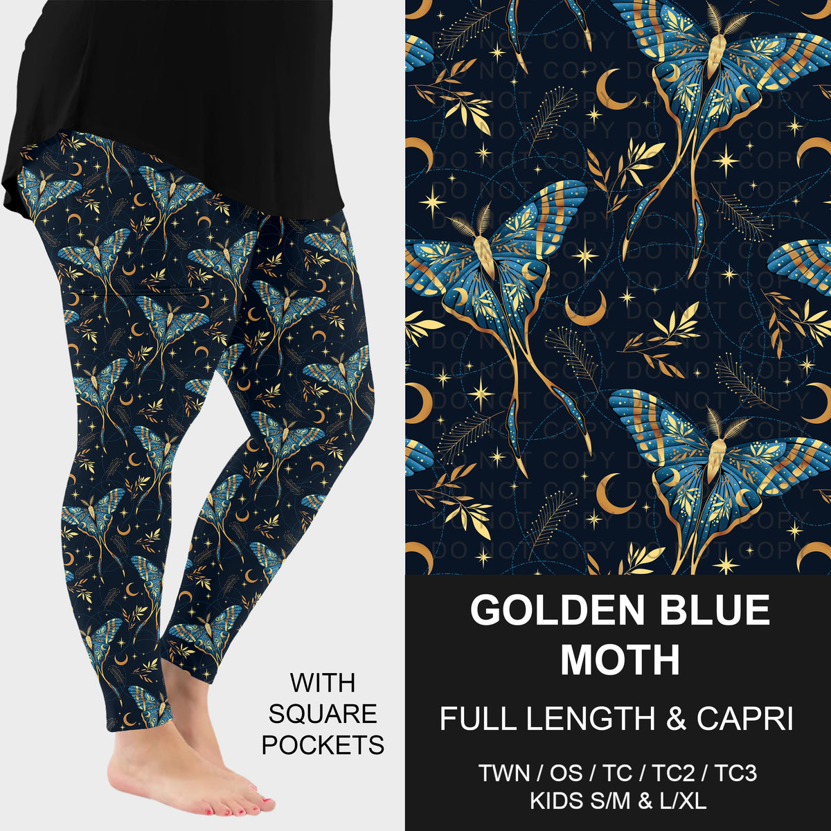 B318 - Preorder Golden Blue Moth Leggings w/ Pockets (Closes 10/25. ETA: late Dec.)