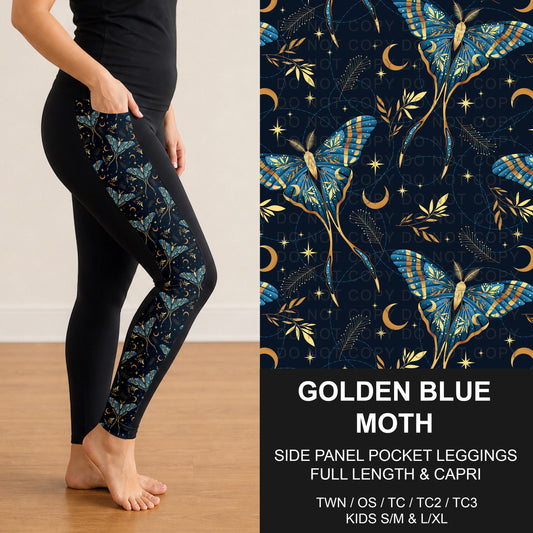 B318 - Preorder Golden Blue Moth Side Panel Pocket Leggings (Closes 10/25. ETA: late Dec.)