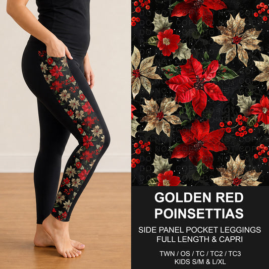 B303 - Preorder Golden Red Poinsettias Side Panel Pocket Leggings (Closes 7/26. ETA: early Oct.)