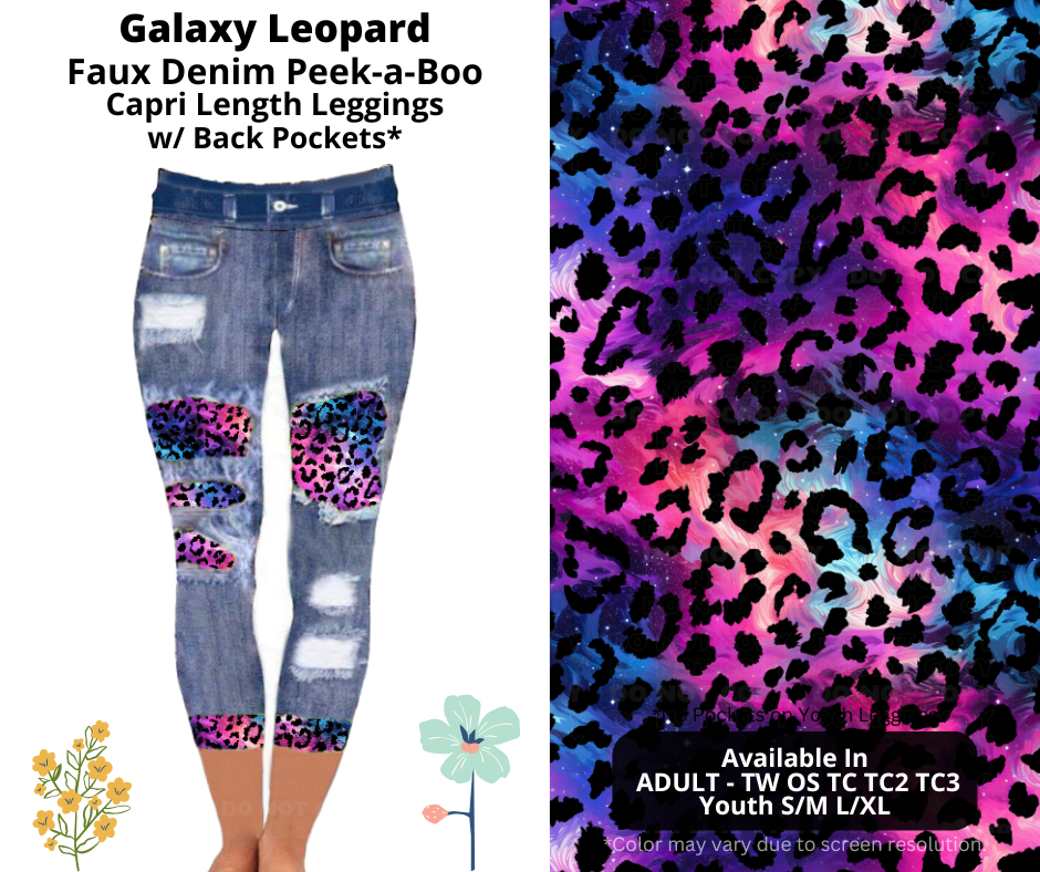 Preorder! Closes 3/26. ETA June. Galaxy Leopard Capri Faux Denim Peekaboo