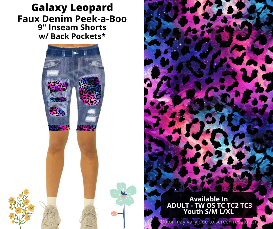 Preorder! Closes 3/26. ETA June. Galaxy Leopard Faux Denim Peekaboo Jamaica Shorts