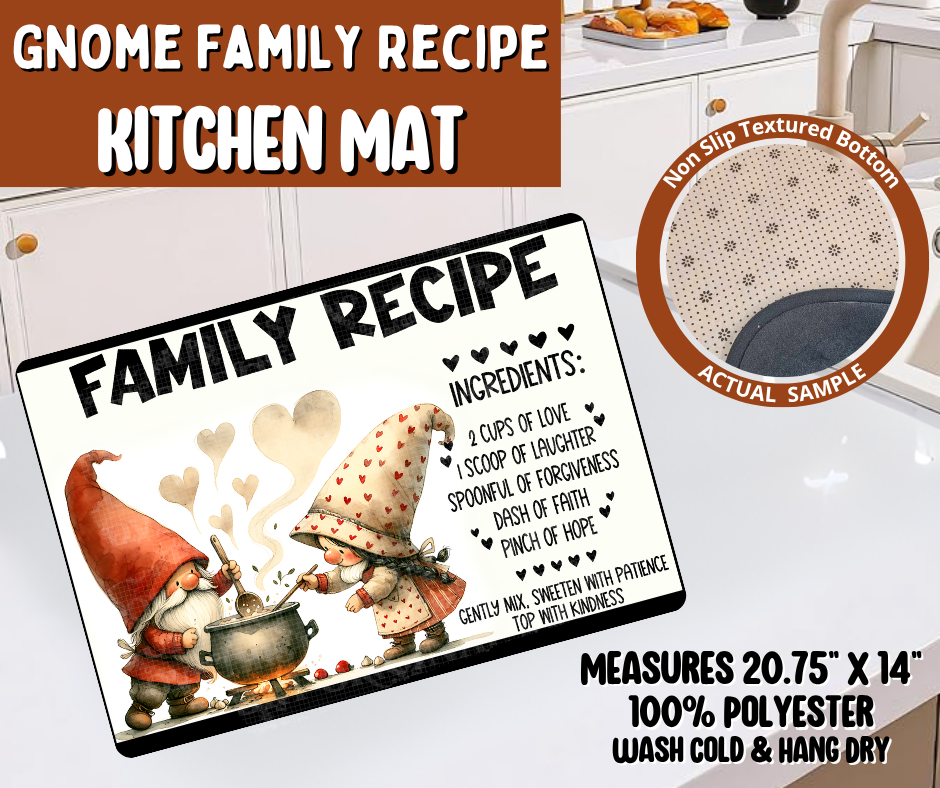 Preorder! Closes 10/19. ETA Jan. Gnome Family Recipe Kitchen Mat