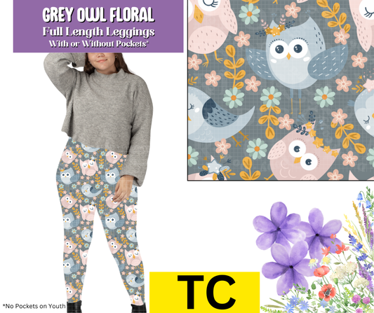 Grey Owl Floral Full Length Leggings w/ Pockets