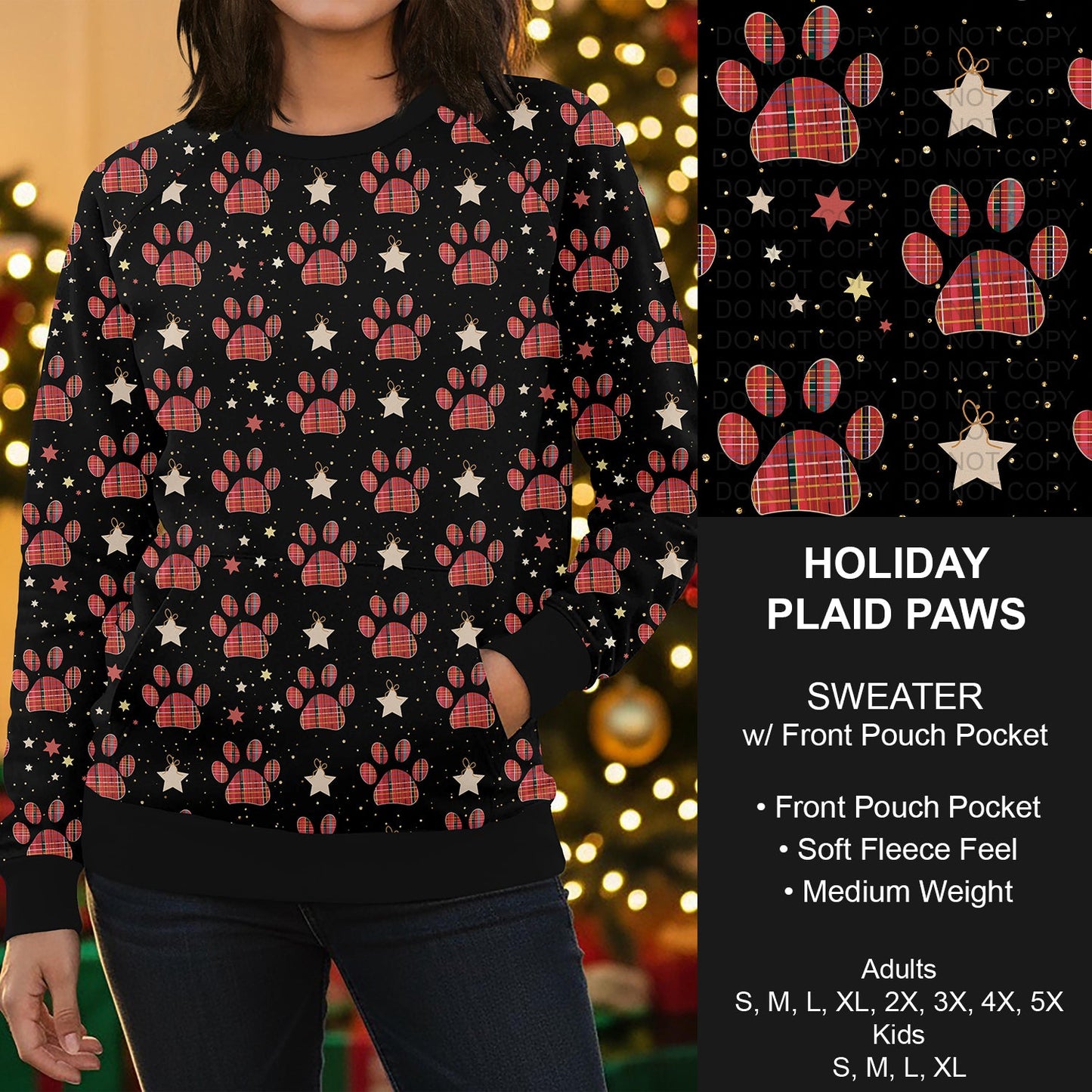 B303 - Preorder Holiday Plaid Paws Sweater w/ Front Pocket (Closes 7/26. ETA early Oct.)