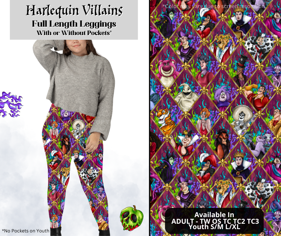 Preorder! Closes 3/28. ETA June. Harlequin Villains Full Length Leggings w/wo Pockets