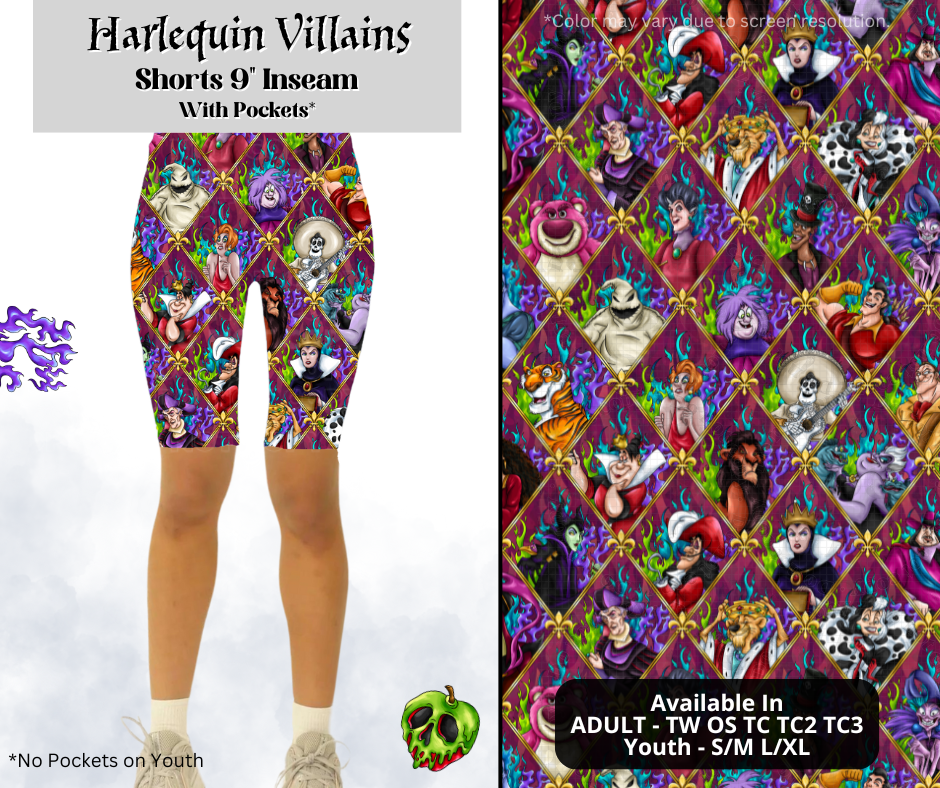 Preorder! Closes 3/28. ETA June. Harlequin Villains 9" Inseam Shorts w/wo Pockets