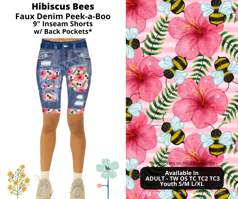 Preorder! Closes 3/26. ETA June. Hibiscus Bees Faux Denim Peekaboo Jamaica Shorts