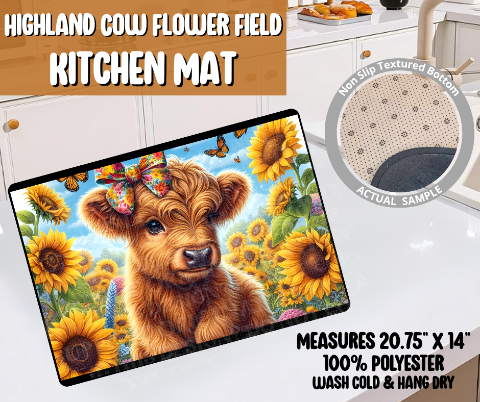 Highland Cow Flower Field Kitchen Mat
