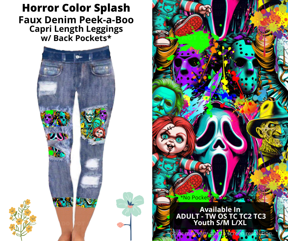 Preorder! Closes 3/26. ETA June. Horror Color Splash Capri Faux Denim Peekaboo