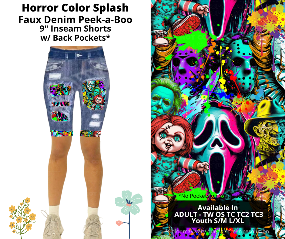 Preorder! Closes 3/26. ETA June. Horror Color Splash Faux Denim Peekaboo Jamaica Shorts