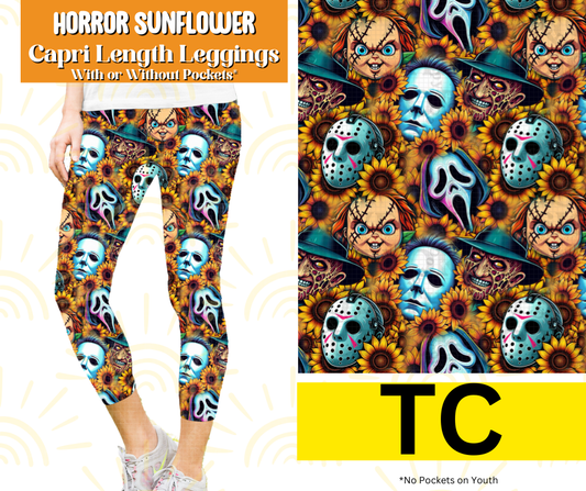 Horror Sunflower Capri Length Leggings w/ Pockets