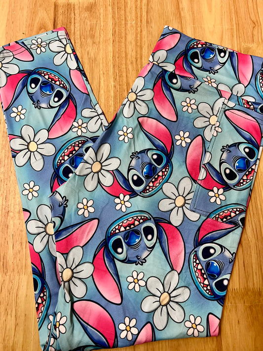 RTS - Blue Aloha Alien Biker/Capris/Leggings with High Side Pockets