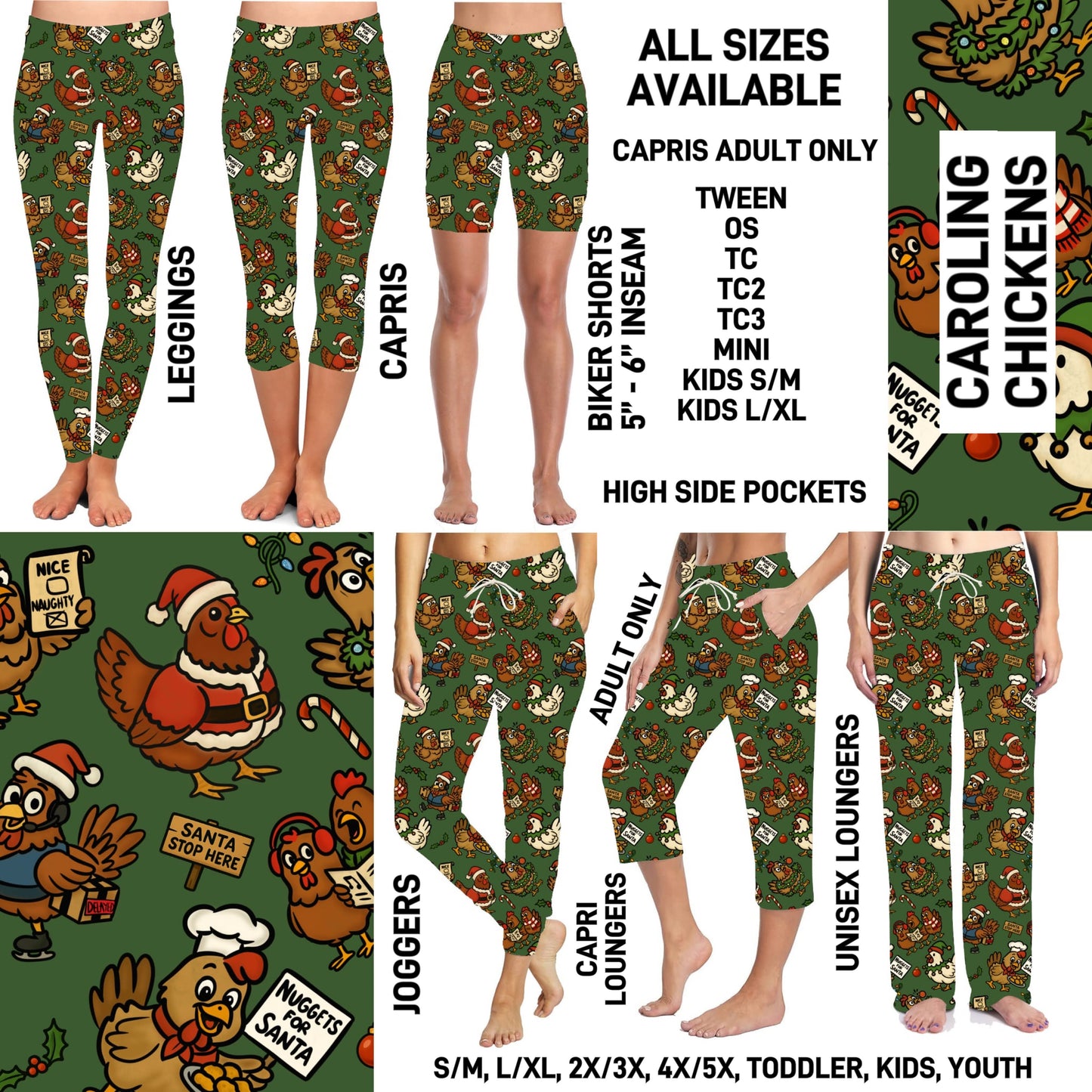 264BT - Caroling Chickens Unisex Full Joggers/Full/Capri Loungers - Preorder ETA: Early Nov