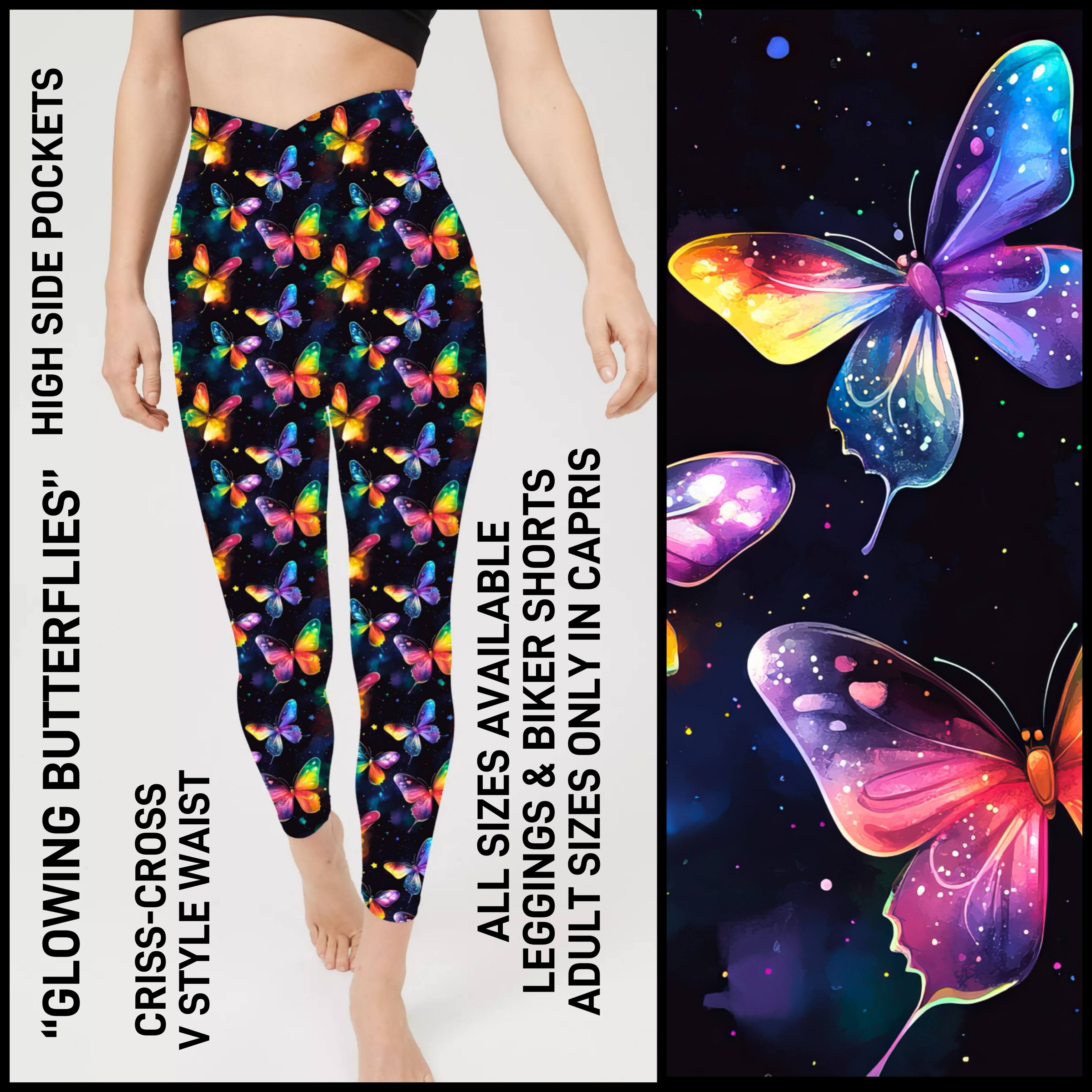 CV1P - Glowing Butterflies Criss Cross V-Waist Biker/Capris/Leggings with High Side Pockets - Preorder ETA: Late March