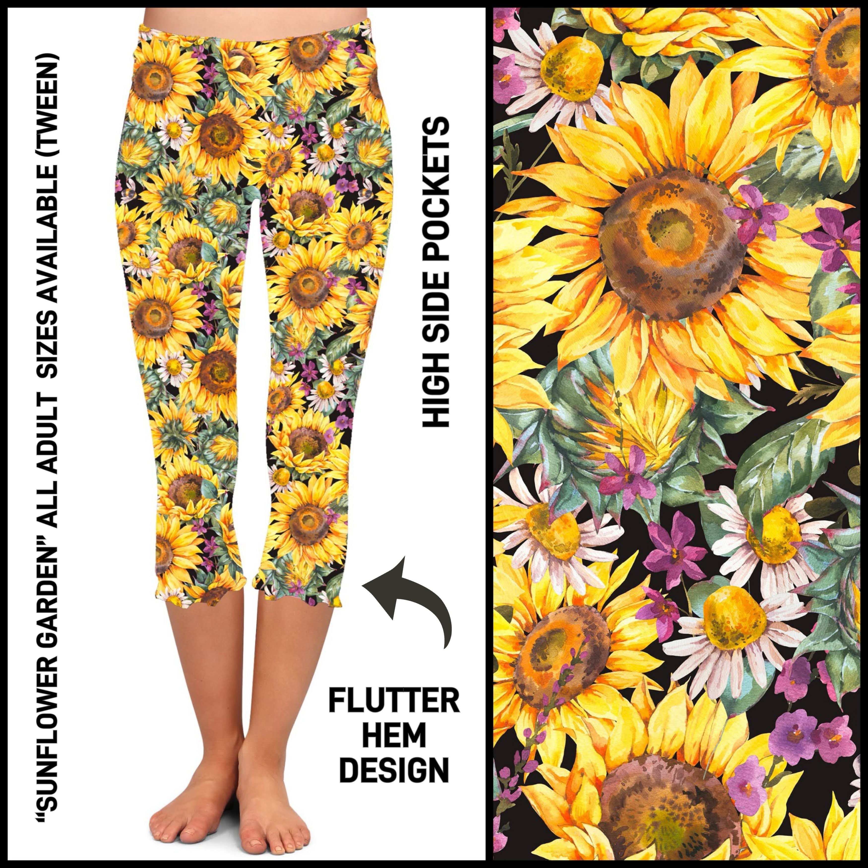 F2HC - Sunflower Garden Flutter Hem Capris with Pockets - Preorder ETA: Mid May