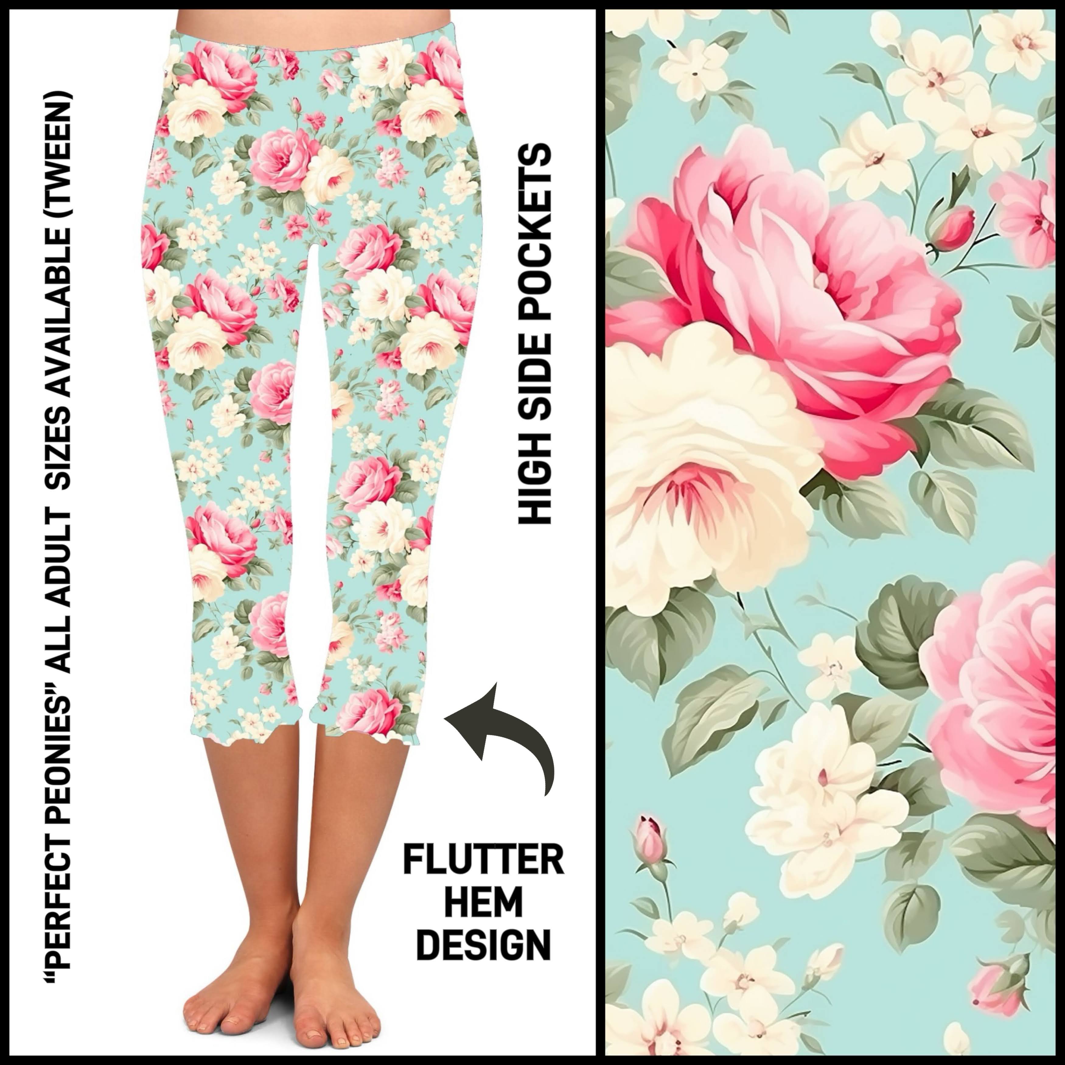 F2HC - Perfect Peonies Flutter Hem Capris with Pockets - Preorder ETA: Mid May