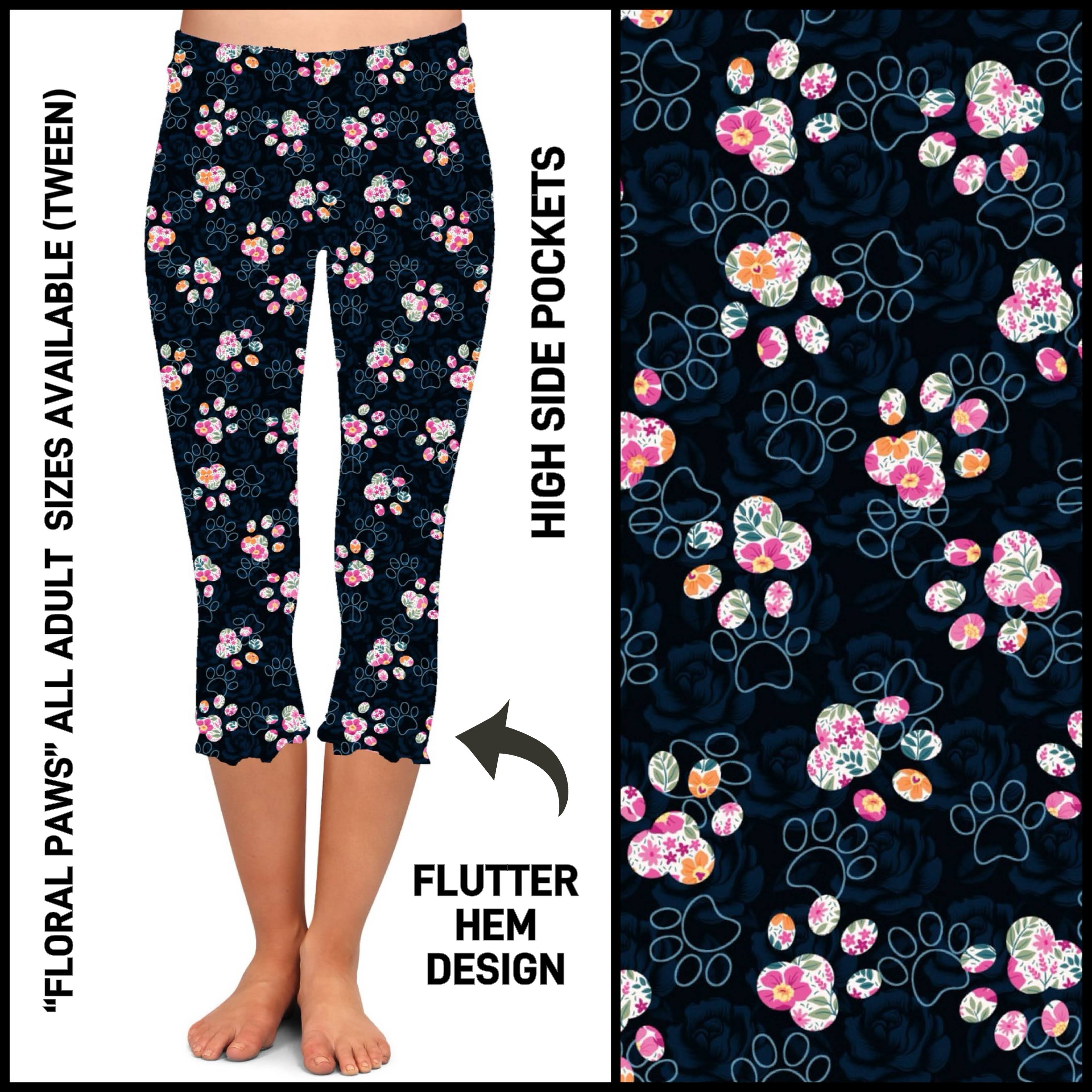 F2HC - Floral Paws Flutter Hem Capris with Pockets - Preorder ETA: Mid May