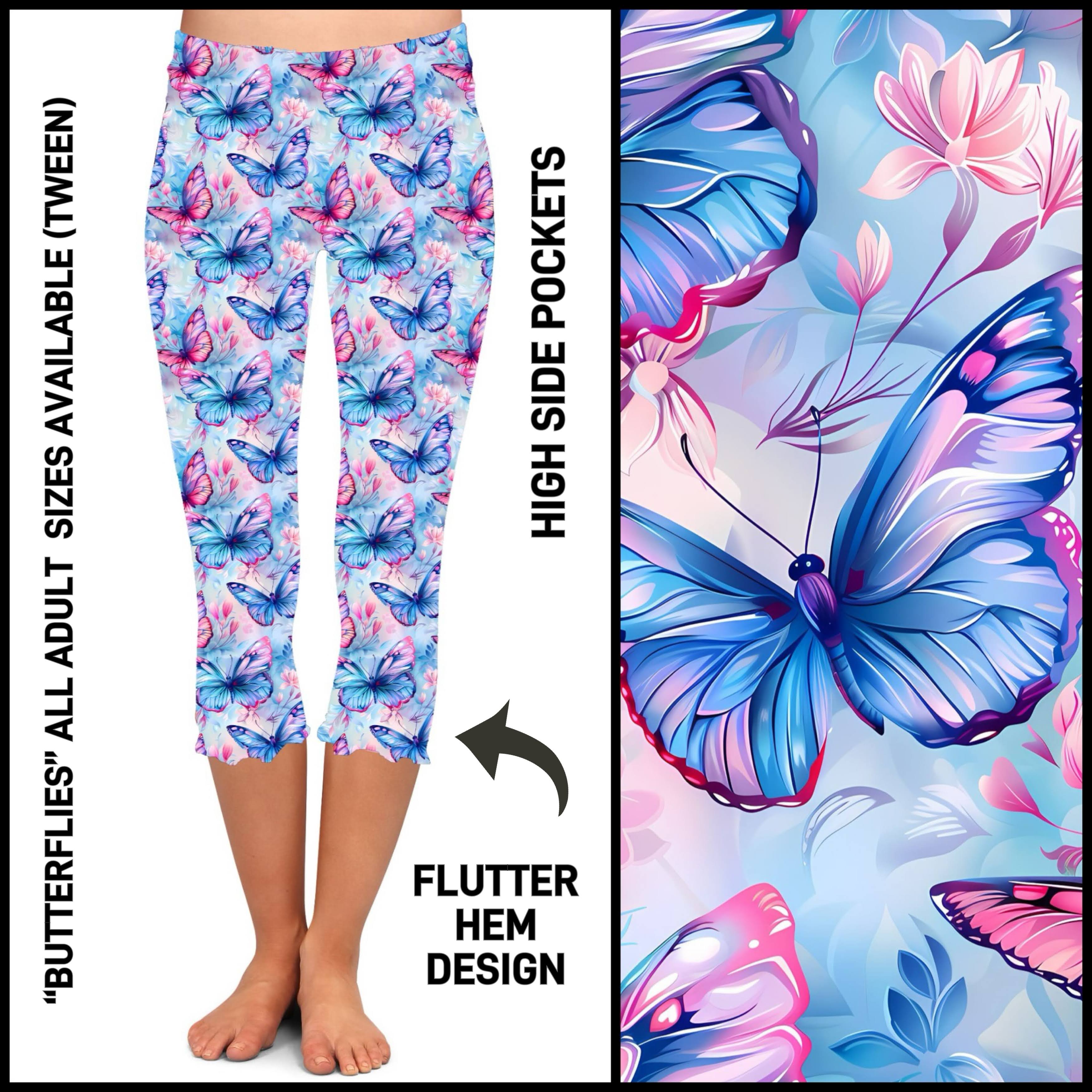 F2HC - Butterflies Flutter Hem Capris with Pockets - Preorder ETA: Mid May