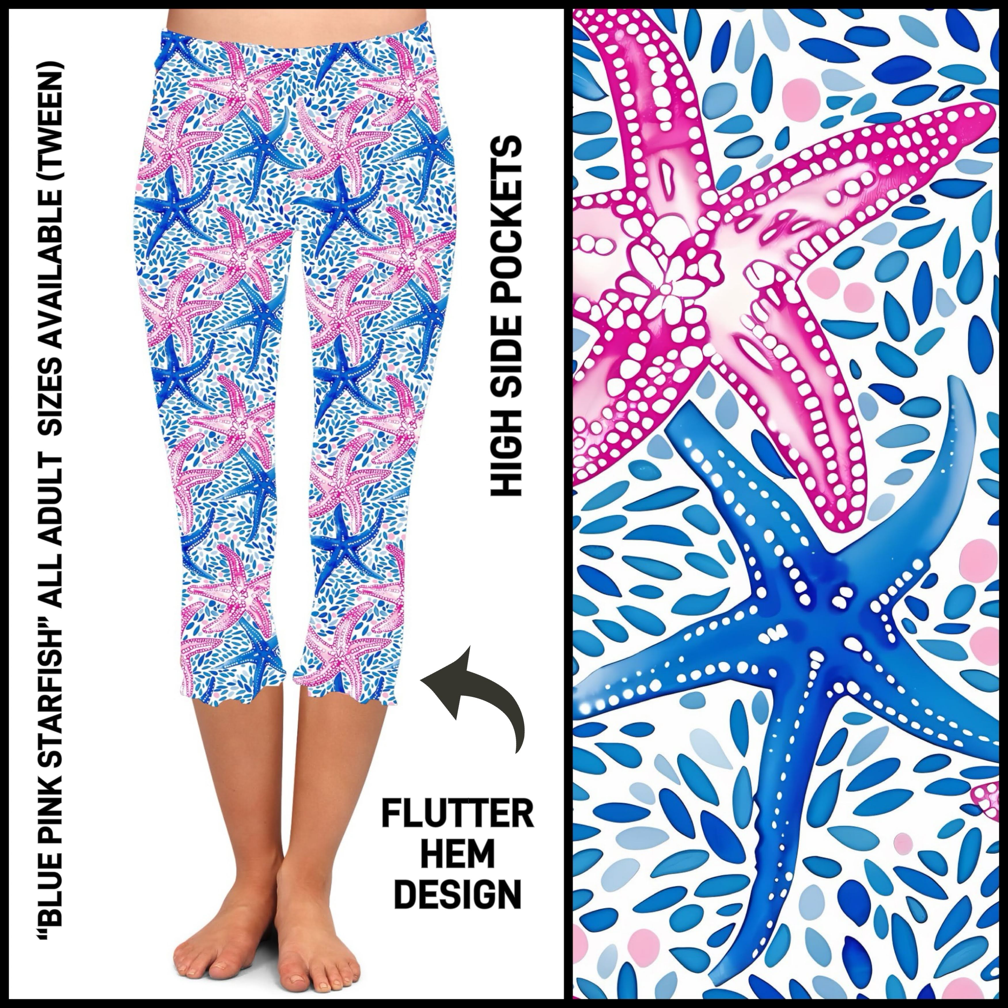 F2HC - Blue Pink Starfish Flutter Hem Capris with Pockets - Preorder ETA: Mid May