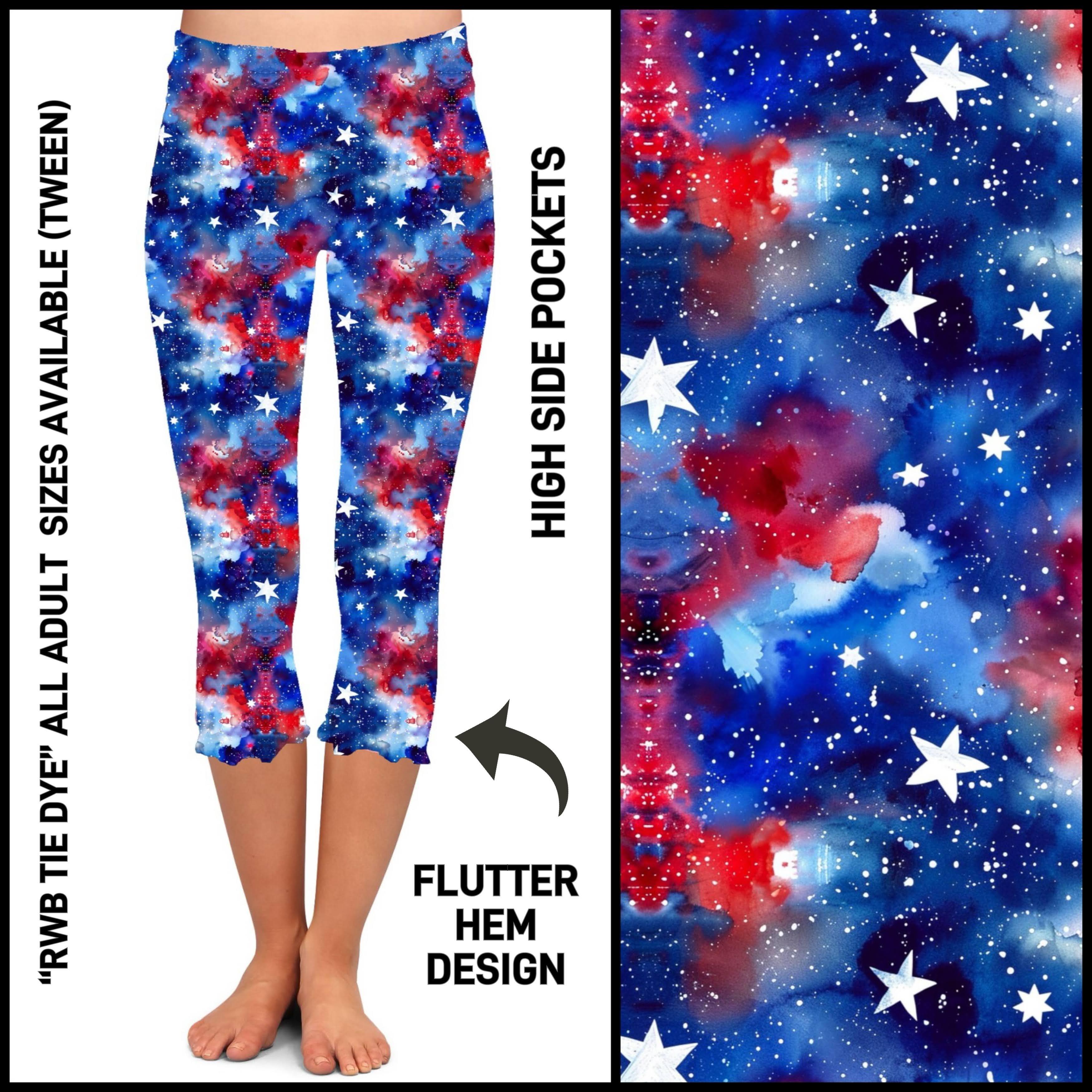 F2HC - RWB Tie Dye Flutter Hem Capris with Pockets - Preorder ETA: Mid May