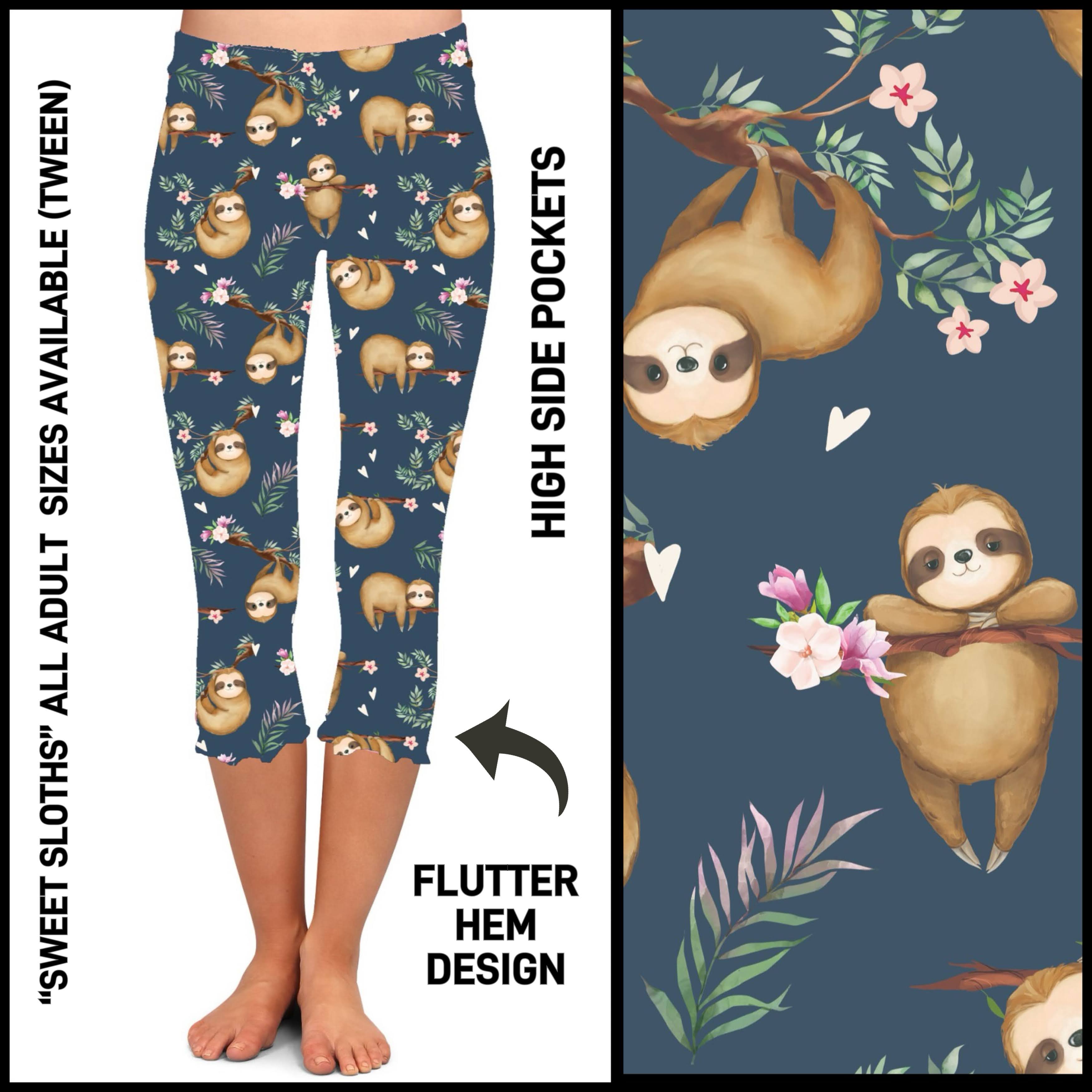 F2HC - Sweet Sloths Flutter Hem Capris with Pockets - Preorder ETA: Mid May