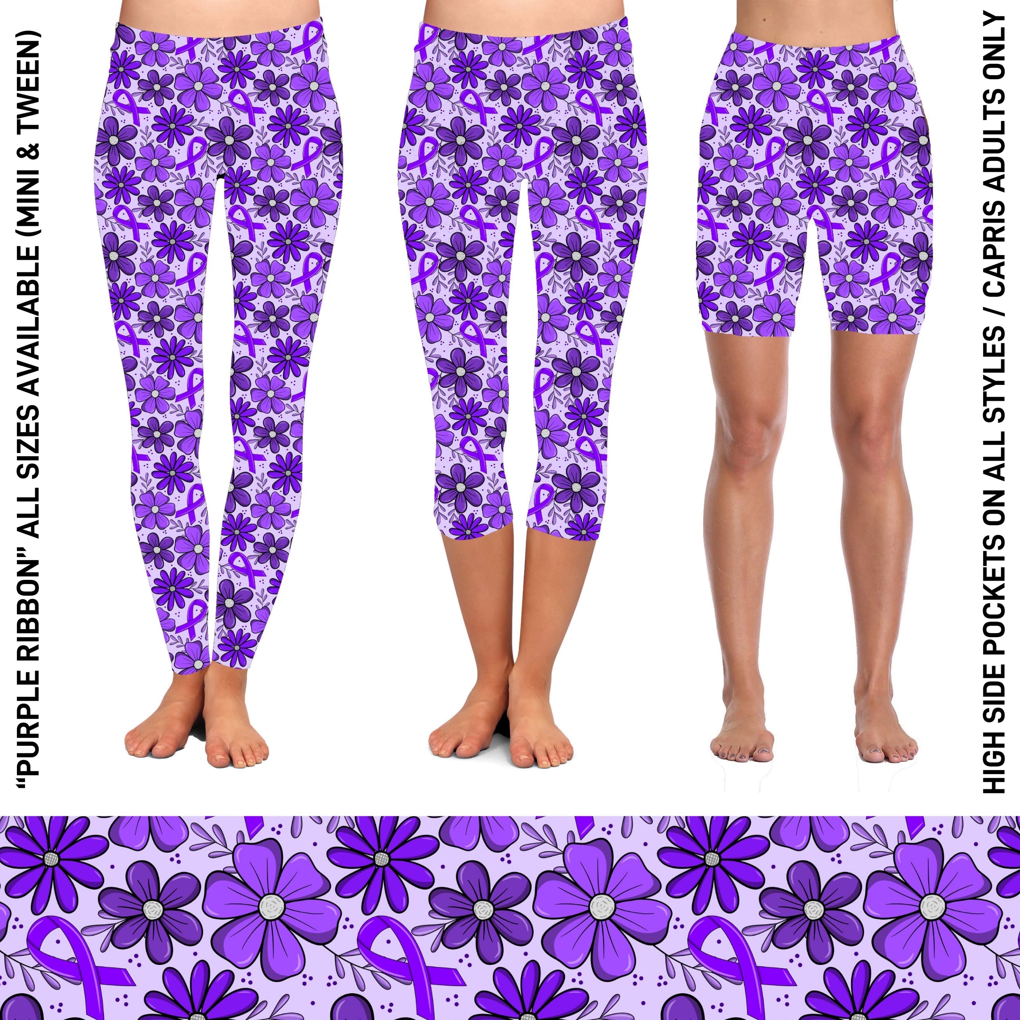 220BT - Purple Ribbon Biker/Capris/Leggings with High Side Pockets - Preorder Closes 4/28 ETA: Late June