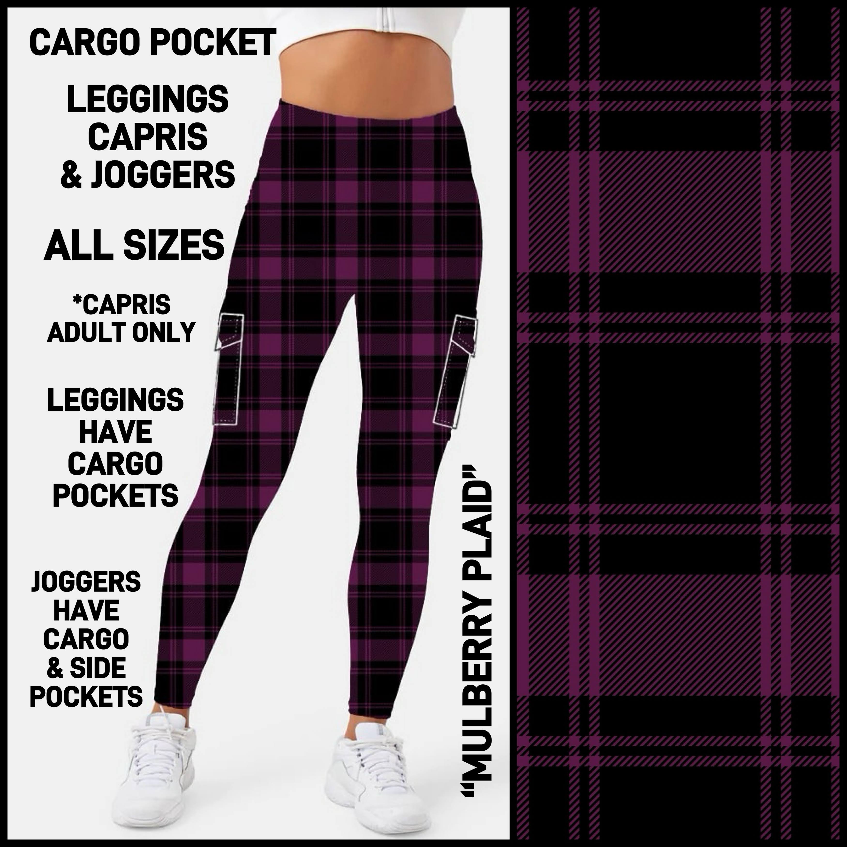 CA3P - Mulberry Plaid Capris/Leggings/Unisex Joggers with Cargo Pockets - Preorder ETA: Late Jan