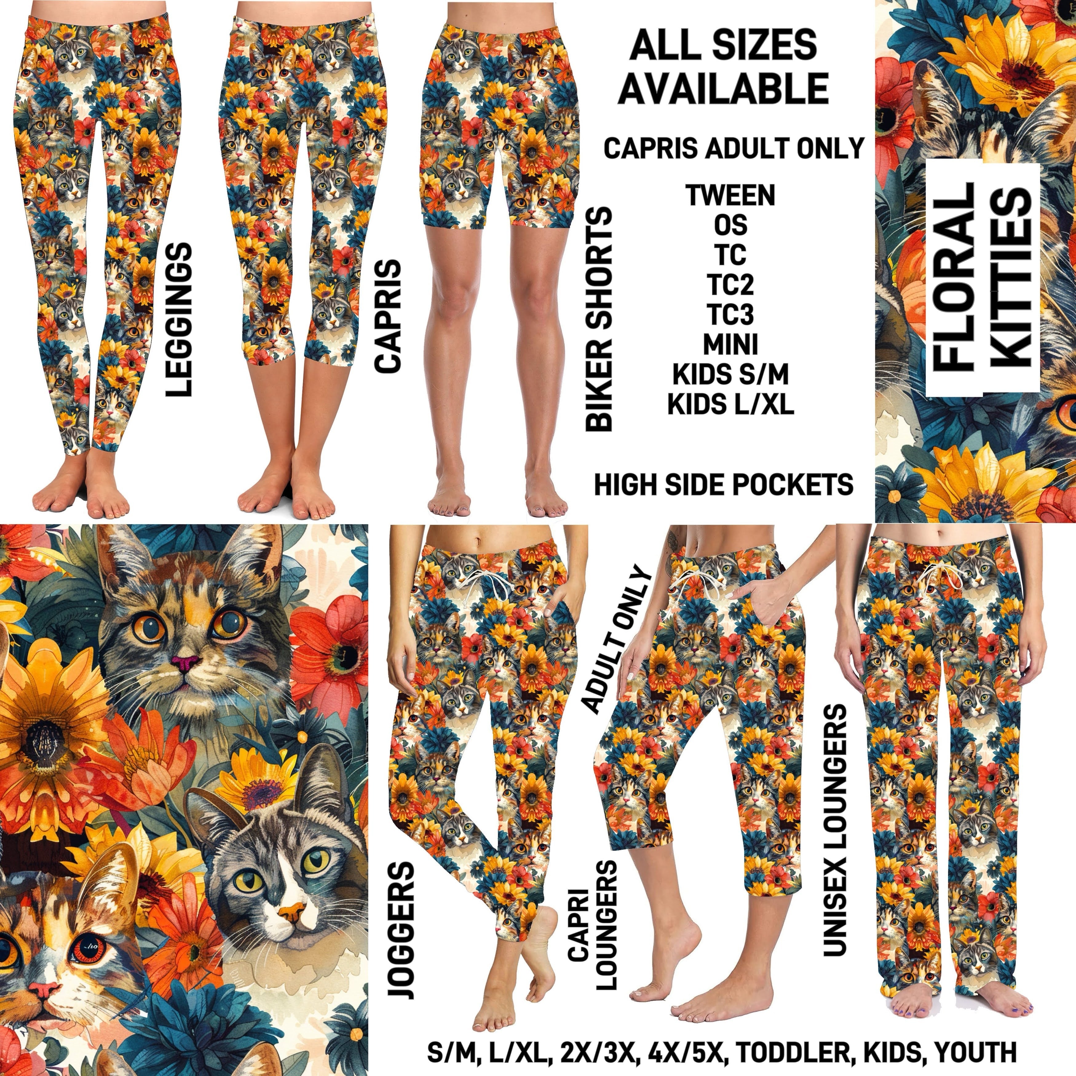 P1FT - Floral Kitties Biker/Capris/Leggings with High Side Pockets - Preorder ETA: Late Jan