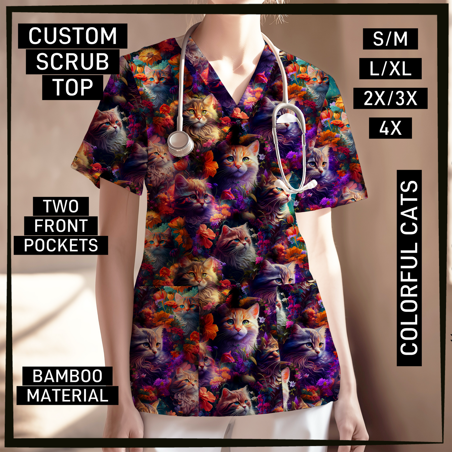 SC0B - Colorful Cats V-Neck Scrub Top - Preorder Closing 5/26 ETA: Late July