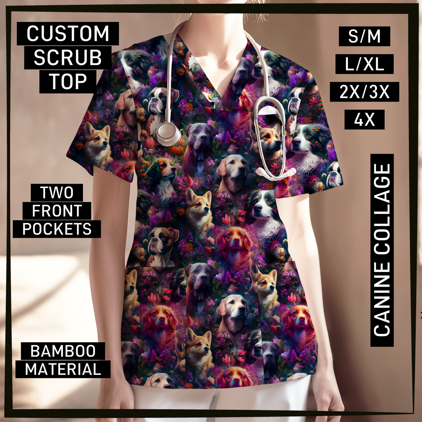 SC0B - Canine Collage V-Neck Scrub Top - Preorder Closing 5/26 ETA: Late July