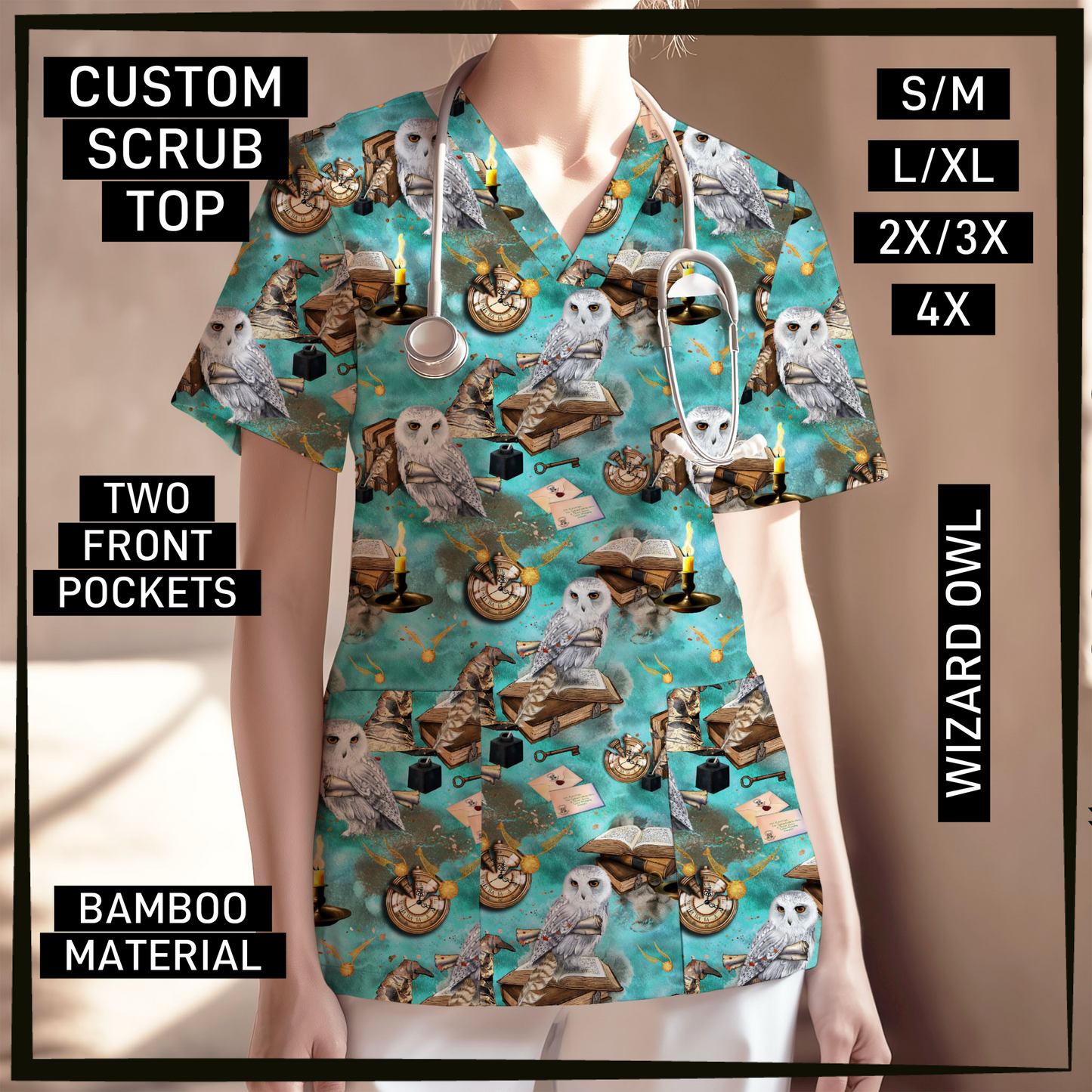 SC0B - Wizard Owl V-Neck Scrub Top - Preorder Closing 5/26 ETA: Late July