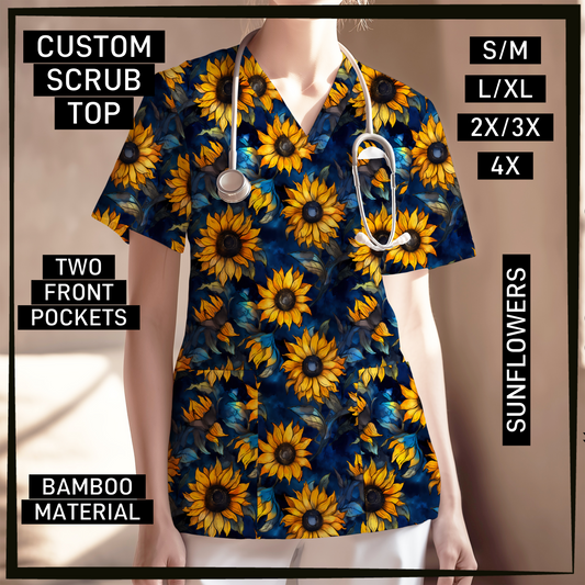 SC0B - Sunflowers V-Neck Scrub Top - Preorder Closing 5/26 ETA: Late July