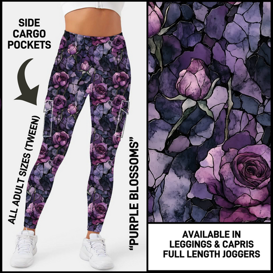 CP3B - Purple Blossoms Capris/Leggings/Unisex Joggers with Cargo Pockets - Preorder Closing 5/31 ETA: Early July