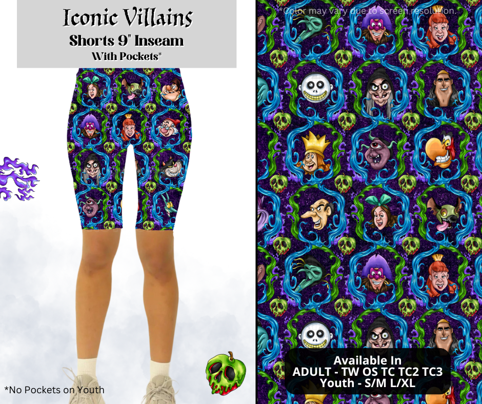 Preorder! Closes 3/28. ETA June. Iconic Villains 9" Inseam Shorts w/wo Pockets