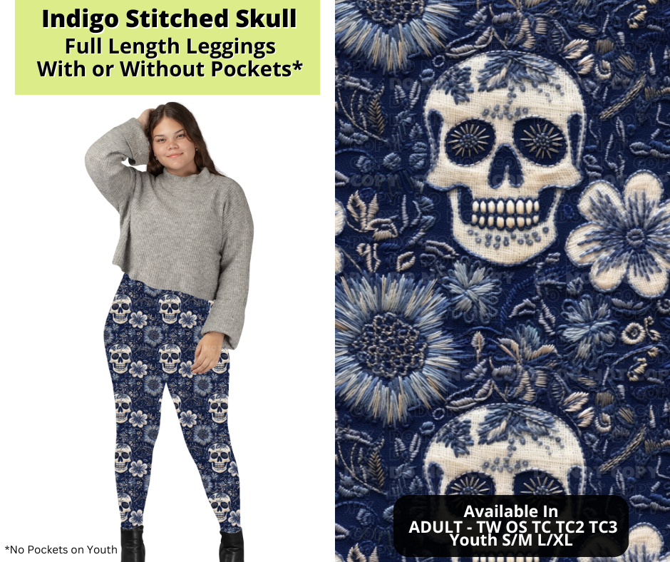 Preorder! Closes 3/24. ETA June. Indigo Stitched Skull Full Length Leggings w/wo Pockets