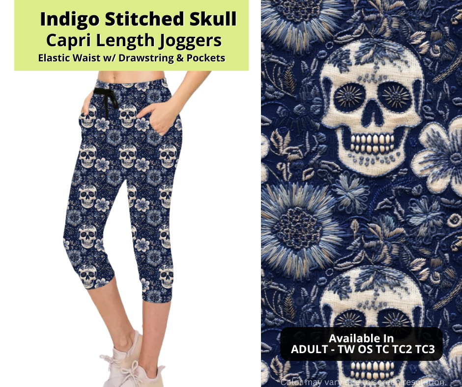 Preorder! Closes 3/24. ETA June. Indigo Stitched Skull Jogger Capri