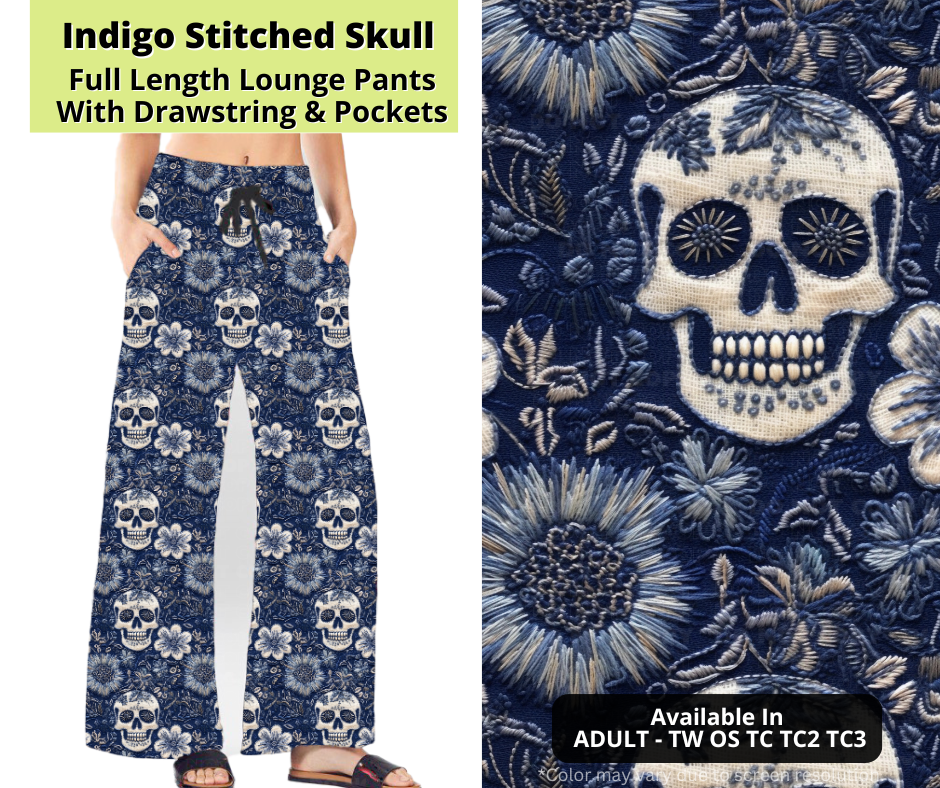 Preorder! Closes 3/24. ETA June. Indigo Stitched Skull Full Length Lounge Pants