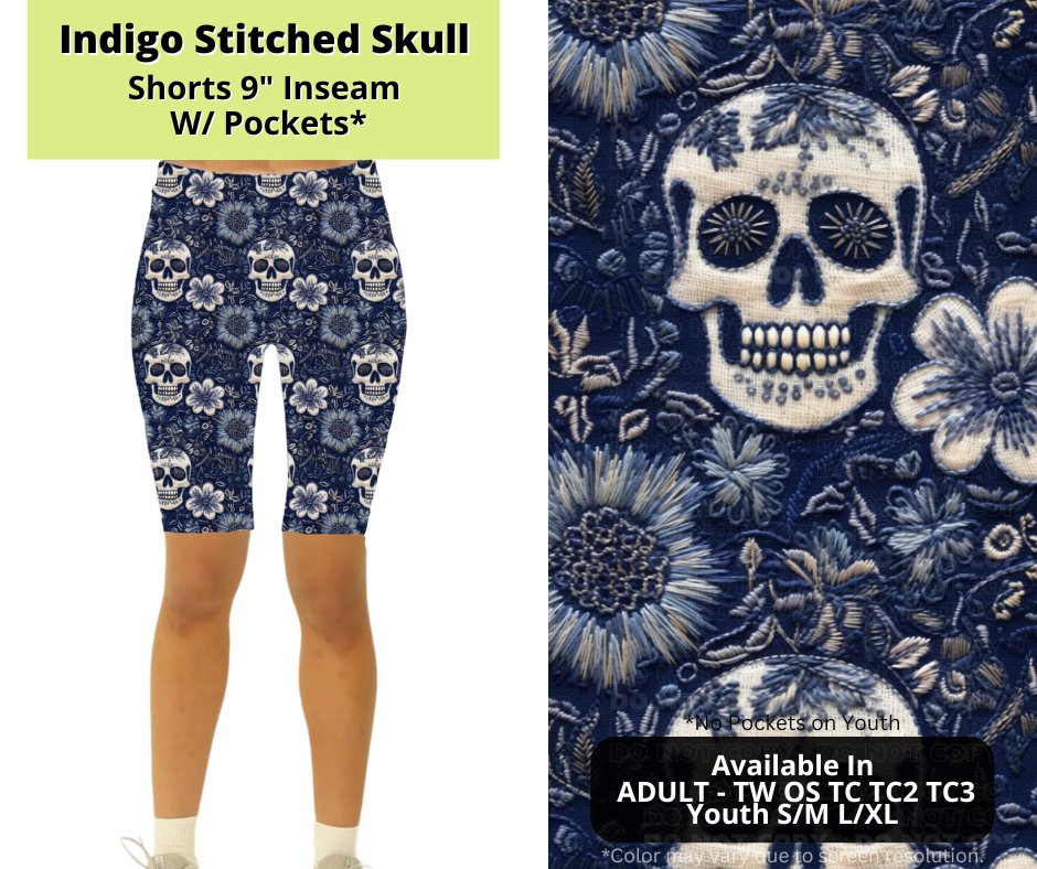 Preorder! Closes 3/24. ETA June. Indigo Stitched Skull 9" Inseam Shorts w/wo Pockets