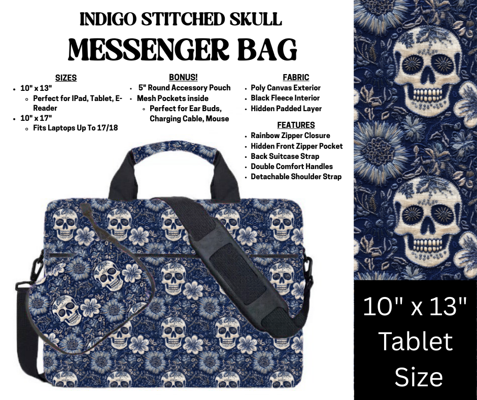 Indigo Stitched Skull Messenger Bag