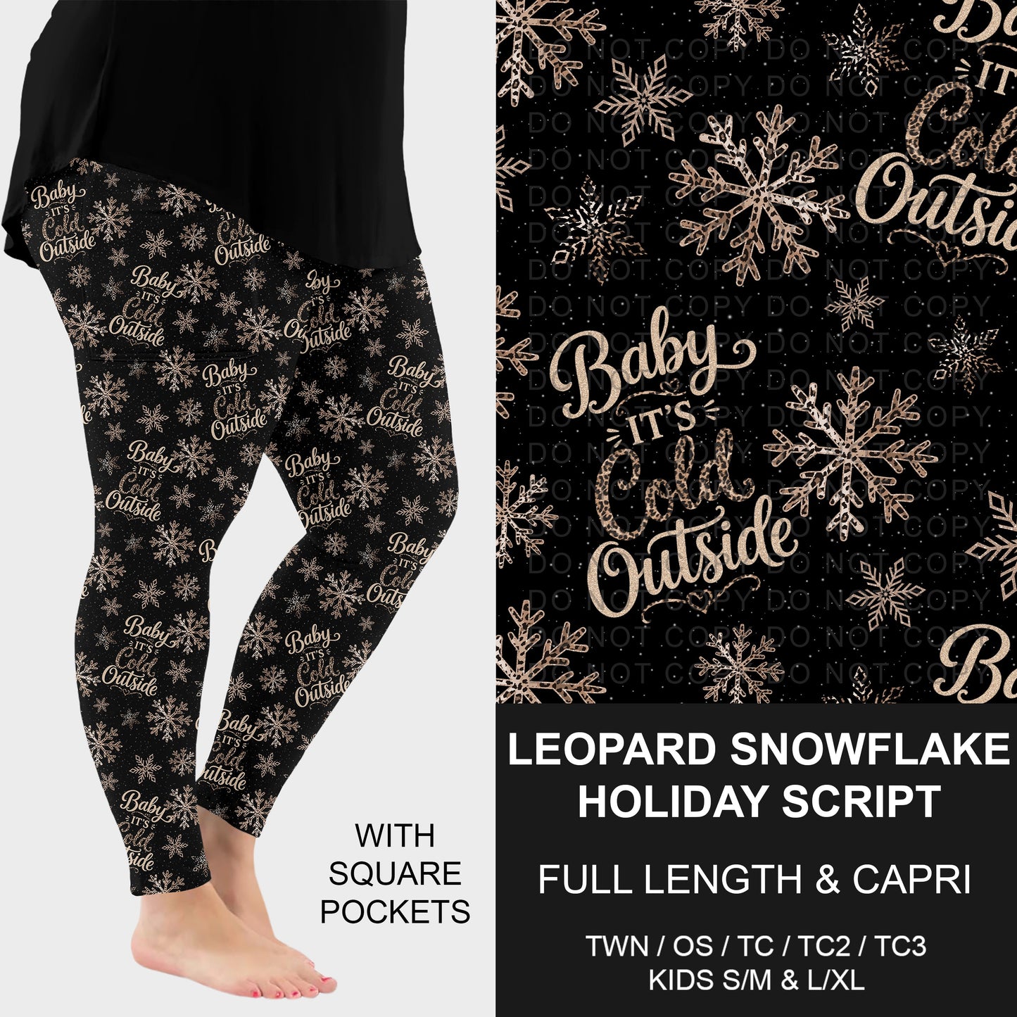 B311 - Preorder Leopard Snowflake Holiday Script Leggings w/ Pockets (Closes 9/06. ETA: mid Nov.)