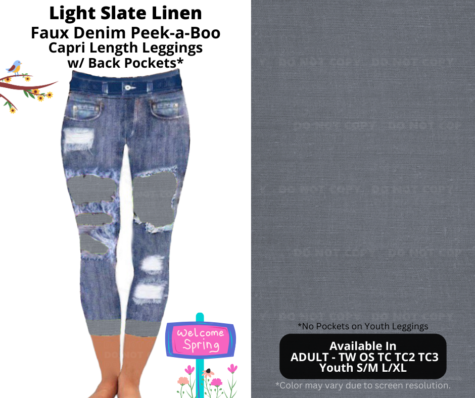 Preorder! Closes 1/13. ETA April. Light Slate Linen Capri Faux Denim Peekaboo