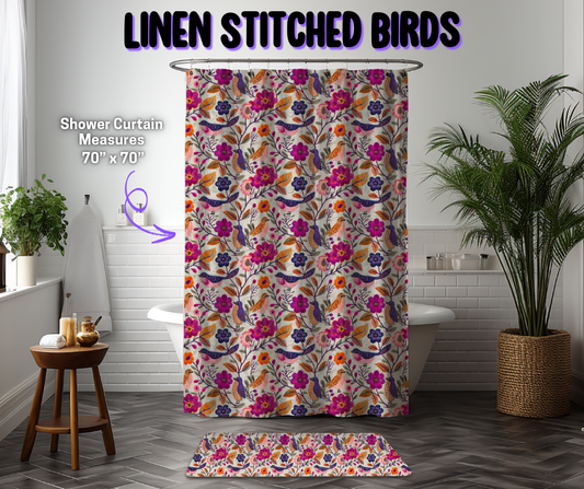 Linen Stitched Birds Custom Shower Curtain