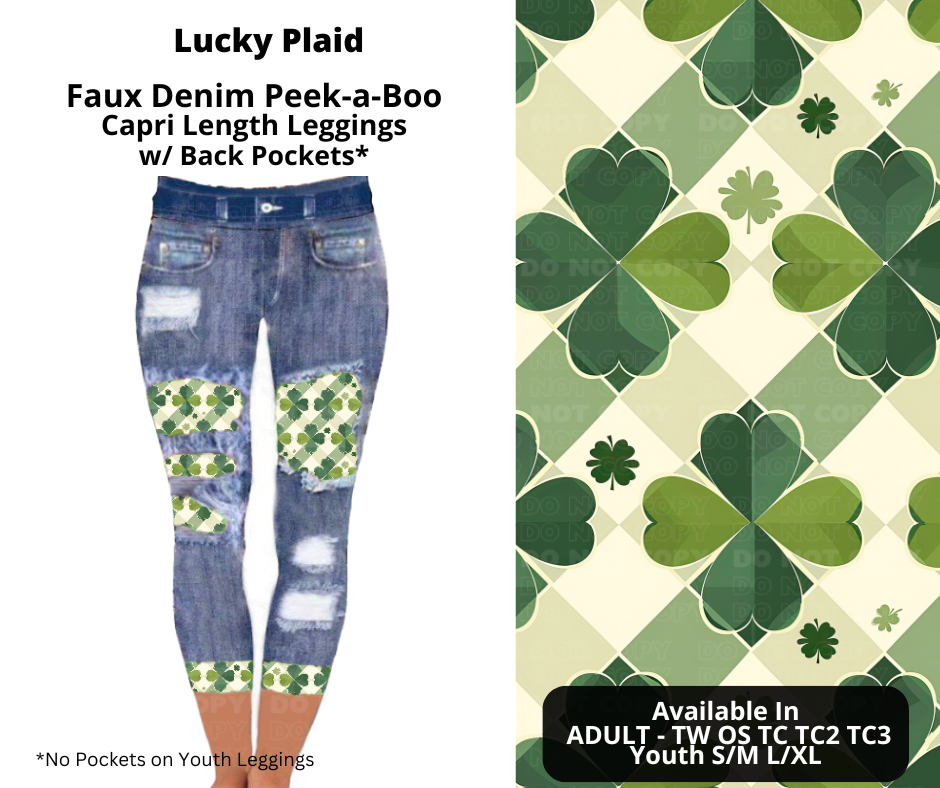 Preorder! Closes 12/9. ETA Feb. Lucky Plaid Faux Denim Peekaboo Capris