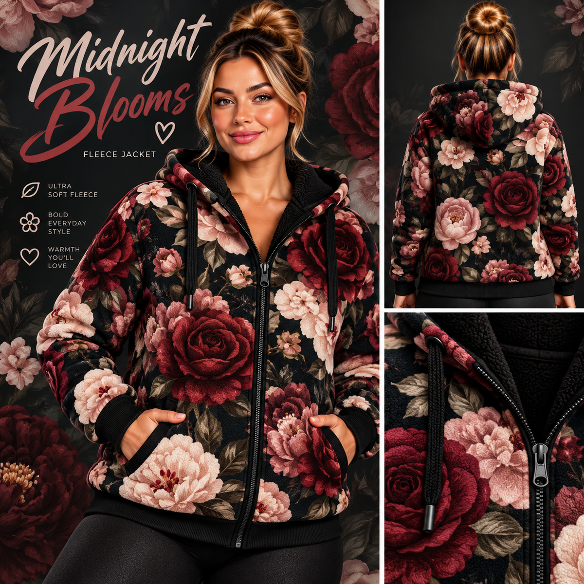 Midnight Blooms-FLEECE LINED HOODED JACKET-PREORDER CLOSING 11/9