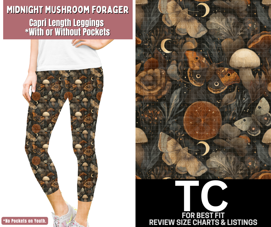 Midnight Mushroom Forager Capri Length Leggings w/ Pockets